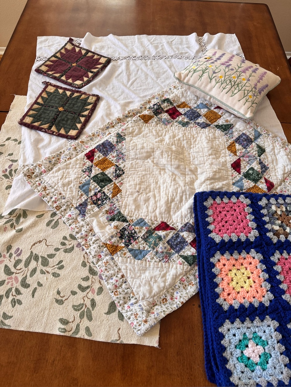 VTG Textile Lot 7 Quilt Crochet Embroidery Table Linens Cottagecore Granny Chic